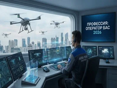 Профессиональный оператор БАС за рабочей станцией с системами телеметрии и управления дронами
