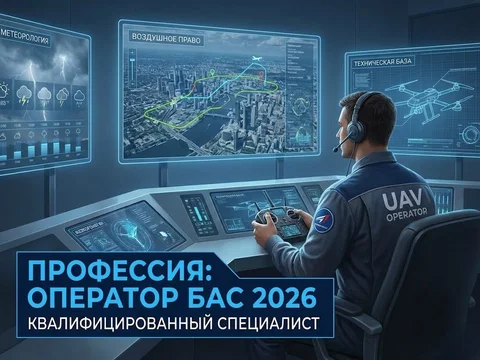Профессиональный оператор БАС за рабочей станцией с системами телеметрии и управления дронами