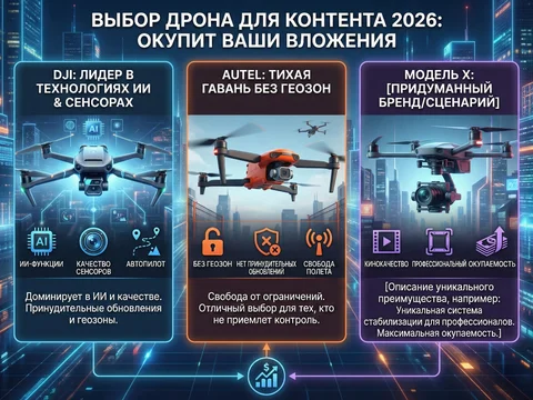 Современные дроны DJI и Autel на фоне футуристического городского пейзажа