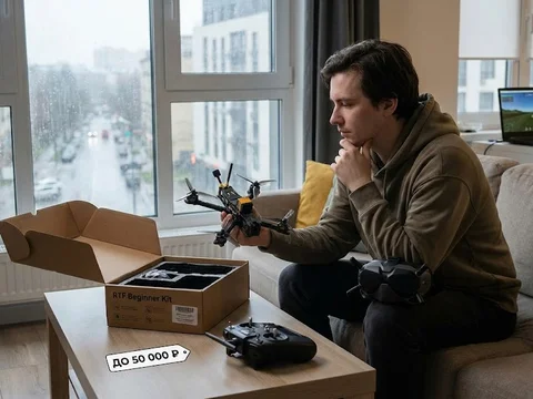 Пилот управляет FPV дроном в домашних условиях с использованием очков и пульта