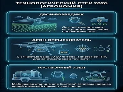 Технологический стек 2026: дрон-разведчик, дрон-опрыскиватель и растворный узел