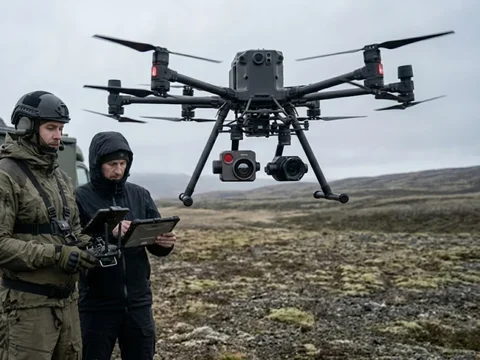 Операторы БПЛА проводят полевую инспекцию с тепловизионным дроном в суровых условиях