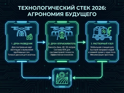 Технологический стек 2026: дрон-разведчик, дрон-опрыскиватель и растворный узел